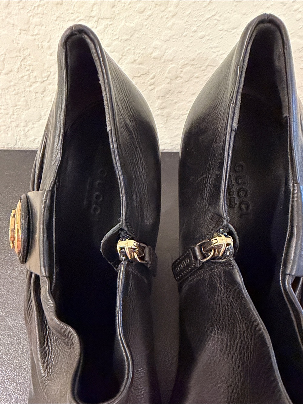 Gucci  NEVER WORN Black Leather High-Heel Ankle Booties - Gold Medallion Accent - Picture 5 of 7